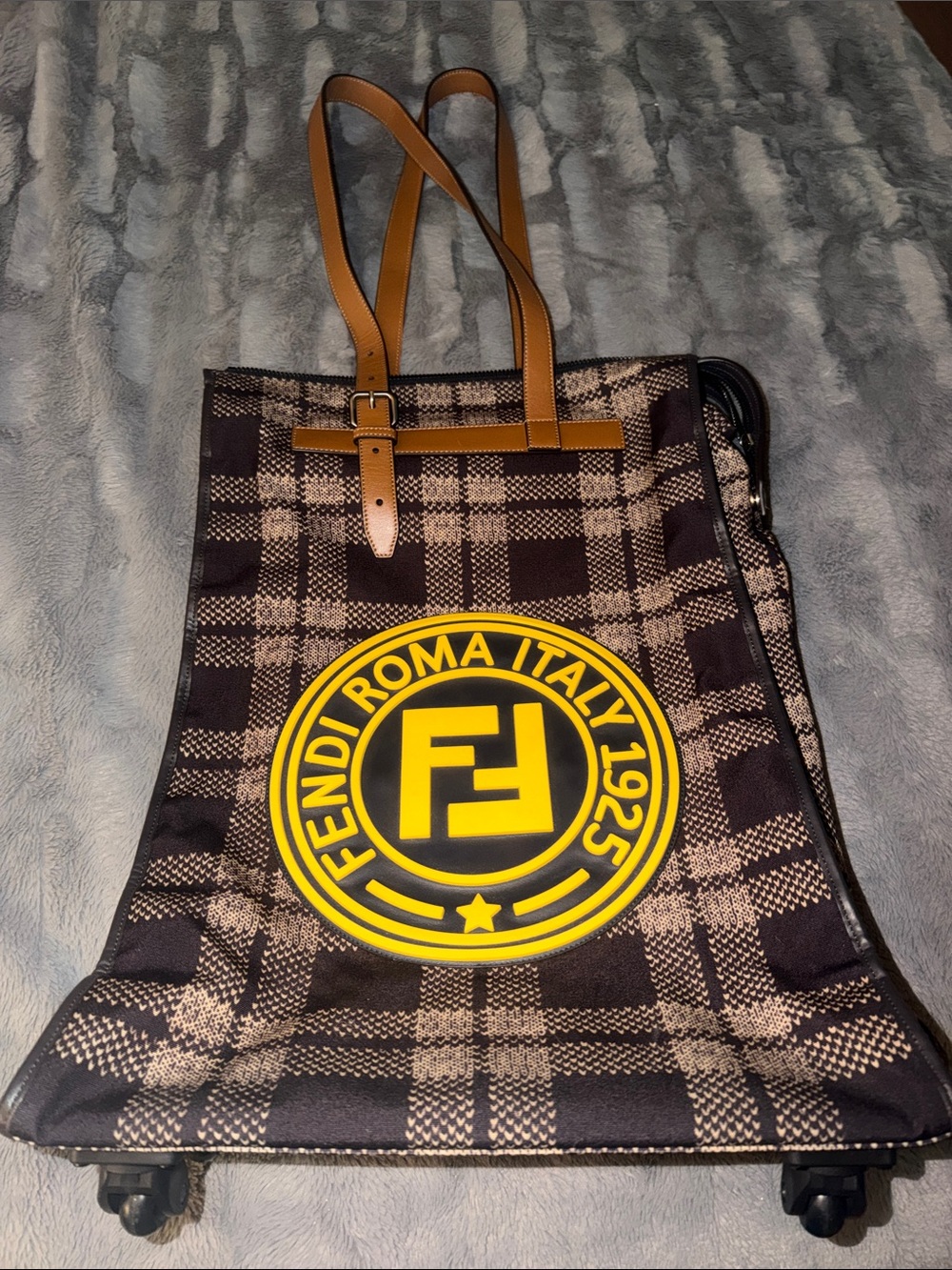 Preloved Fendi Plaid luggage/tote with Yellow Logo and Tan Straps